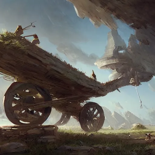 Prompt: a sling catapult, rocks flying, cart wheels, epic fantasy style art by greg rutkowski, fantasy epic digital art