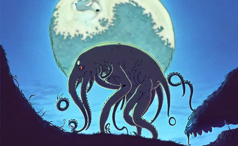 Image similar to a still from a studio ghibli movie of a cartoon cthulhu from princess mononoke ( 1 9 9 7 ), in front of a pale full moon, full body, wide shot, very dull muted colors, studio ghibli, highly detailed, deviantart, art by artgem