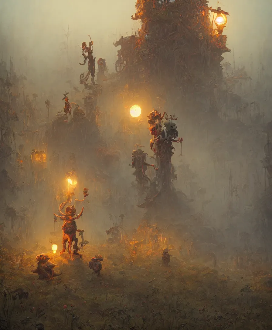 Image similar to skull clown afterlife, illustrated by Simon Stålenhag and Gaston Bussiere, 35mm lens, wide angle, beautiful volumetric lighting style atmosphere, intricate, ultra detailed, photorealistic, trending on artstation 8k