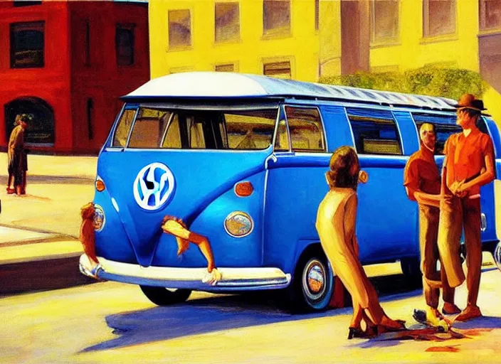 Image similar to detailed painting two young men and women in front of blue vw bus by edward hopper, bernardo bertolucci dreamers movie scene