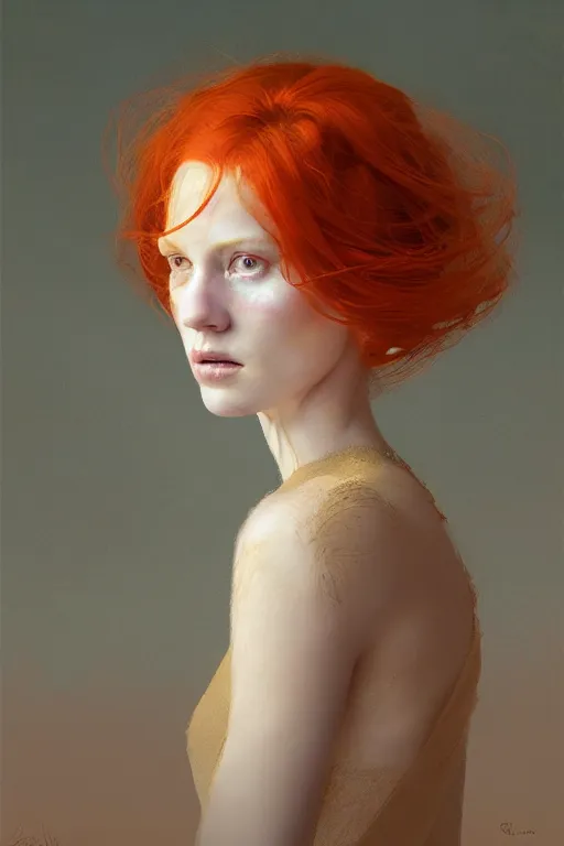 Image similar to of beautiful redhead female, beauty portrait by greg rutkowski, hilma af klint, moebius, victo ngai, sharp focus, global illumination, highly detailed, masterpiece, award winning, post processing