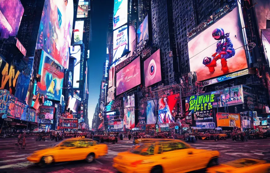 Image similar to A hyperrealistic low angle shot of a tiny astronaut , with a psychedelic mushroom on the screen, in a post apocalyptic Times square New York City, at night, unreal 5, DAZ, hyperrealistic, octane render, dynamic lighting