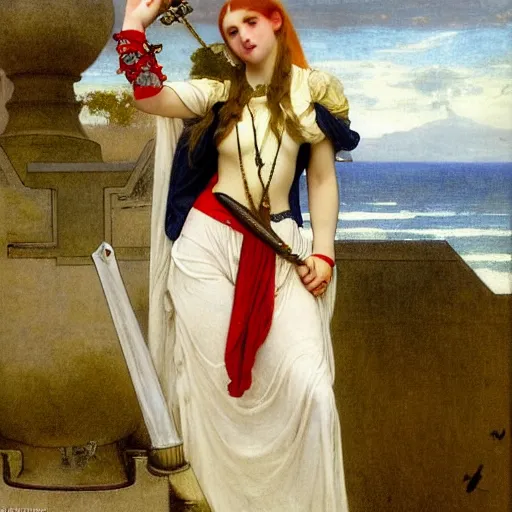 Image similar to A girl with jester clothes and a sword on the front of a Balustrade with a beach on the background, major arcana clothes, by paul delaroche, alphonse mucha and arnold böcklin arnold böcklin hyperrealistic 8k, very detailed