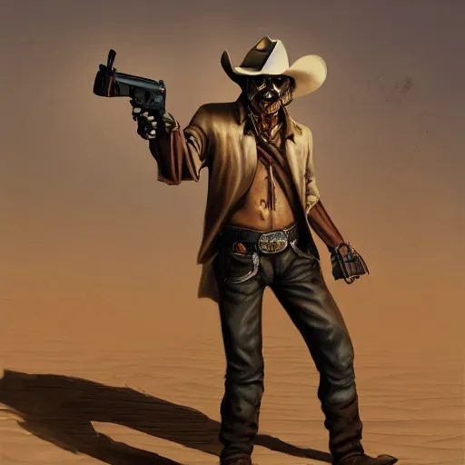 Prompt: an annoyed cowboy in a desert pointing his gun at a skeleton. Featured on artstation