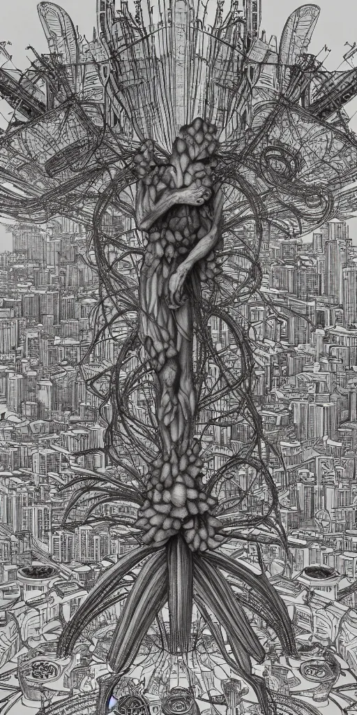 Image similar to colossal Beelzebub flower in the middle of post soviet constructivist cityscape, Stalinist architecture, brutalist architecture, ultradetailed, Intricate by James Jean and H.R. Giger