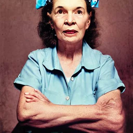 Image similar to a photograph portrait of Rosie the riveter by Annie Leipovitz