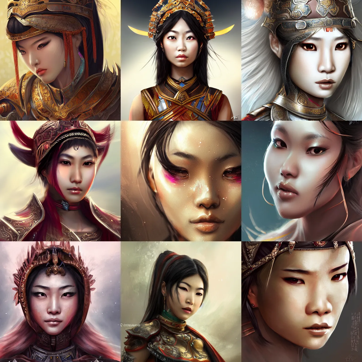 Prompt: a beautiful Asian female warrior, close-up of face shot, highly detailed, 8k, elegant, gallant, ambient, digital painting, art station, concept art, smooth, sharp focus, illustration