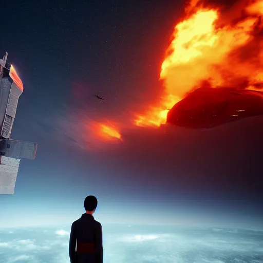 Image similar to cinematic still of a male athetic japanese standing next to a spaceship, dramatic clouds, city in the distant on fire, unreal engine 5 digital art