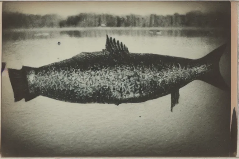 Image similar to old polaroid of a giant fish in the lake