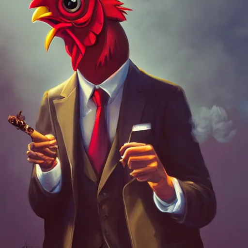 Image similar to a chicken wearing a suit smoking a cigar, dramatic lighting, cinematic, establishing shot, extremly high detail, photorealistic, cinematic lighting, artstation, style by James Gurney