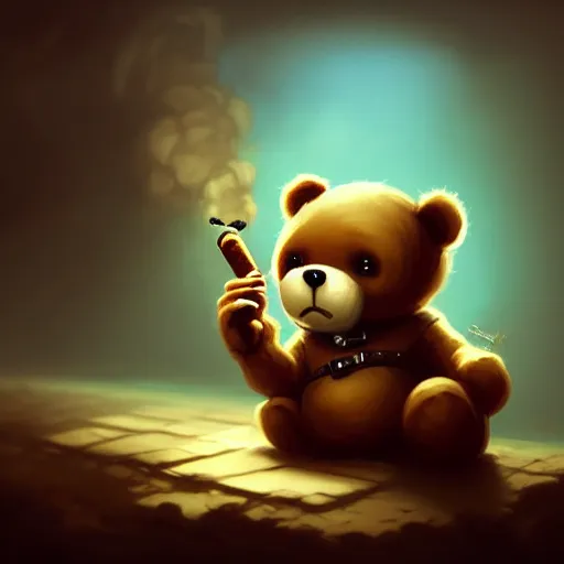 Prompt: cute little anthropomorphic Teddy Bear smoking a cigar, cover art, ultra wide lens shot , tiny, small, short, cute and adorable, pretty, beautiful, DnD character art portrait, matte fantasy painting, DeviantArt Artstation, by Jason Felix by Steve Argyle by Tyler Jacobson by Peter Mohrbacher, cinematic lighting