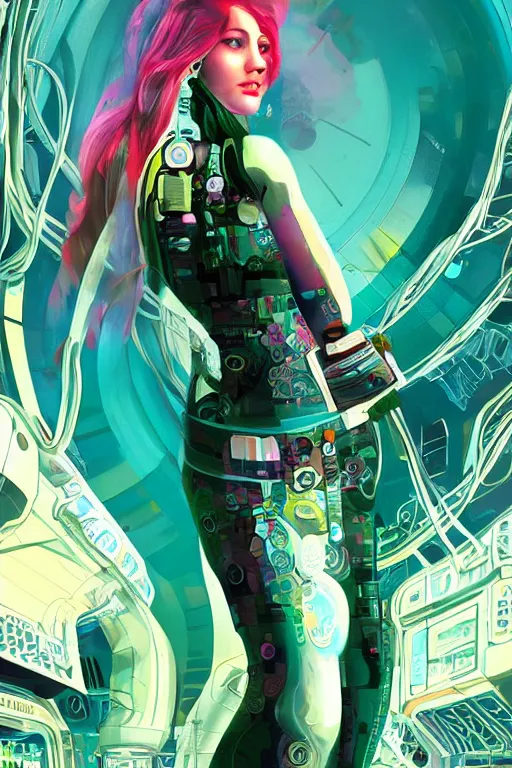 Image similar to attractive female android in feminine pose on a hyper-maximalist overdetailed retrofuturist scifi bookcover illustration from '70s. Biopunk, solarpunk style.