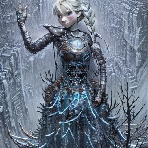 Prompt: elsa as a complex robotic monster, cyborg frozen robot with long fingers, snow planet, illustrative style, intricately detailed, frostpunk, Artwork by Ted Nasmith + Marc Simonetti + Studio Ghibli