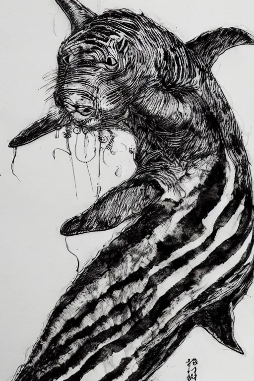 Image similar to Furry dolphin with tiger stripes, pen and ink, intricate line drawings, by Yoshitaka Amano, Ruan Jia, Kentaro Miura, Artgerm, watercolor