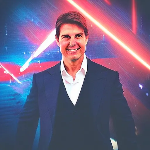 Image similar to “Tom Cruise, beautiful, Magic FX, red blue colors, lights, bokeh, highly detailed portrait, photorealistic, ultra detailed”