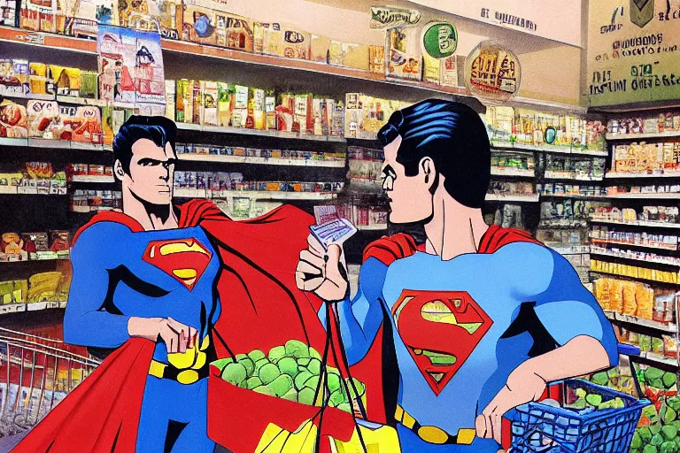 Image similar to Cinematography superman buying groceries in Moratalaz by Emmanuel Lubezky