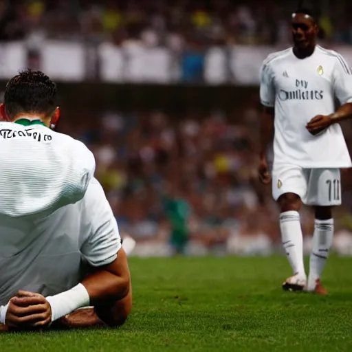 Prompt: ronaldo in a game laying down because he's tired and his teammates are angry at him