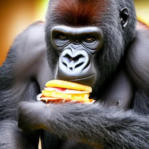 Prompt: realistic detailed sharp 35mm photo of a gorilla eating a burger at McDonald's