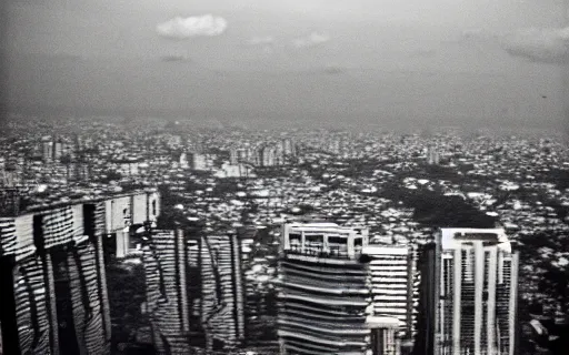 Prompt: A Filipino teenager flying above Metro Manila, 35mm film, ethereal, rule of thirds by Iwai Shunji