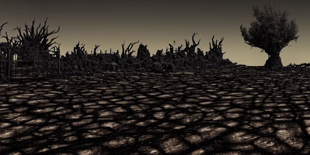 Prompt: Render of a large scale desolated, burnt field landscape with a dark stony gate as a centerpiece. Stylized. Digital art. Medieval. Highly detailed. Unreal engine 5. 8k Gritty.