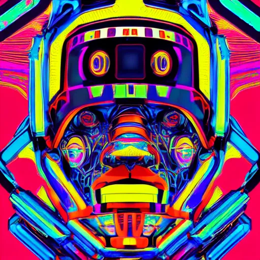 Image similar to hyperdetailed portrait of a cyberpunk aztec futurism robot head, 8 k, symetrical, flourescent colors, halluzinogenic, multicolored vector art, black background