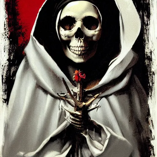 Image similar to painting of the virgin mary skull face by greg rutkowski and warhol and banksy and jc leyendecker