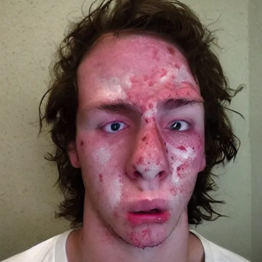 Image similar to a caucasian man with the most acne in the world. acne on face, acne on body, huge zits all over body, desperate, depression, dark mood, hate life, puss zits, pimples