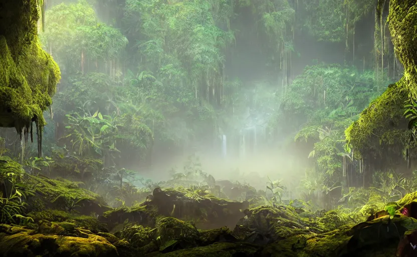 Image similar to a beautiful render of a dark prehistoric rainforest in a humongous cave, lush flora, patches of yellowish - red - magenta sky, sunset lighting, fireflies, floating mountains and a waterfall in the background, intricate detail, hazy, humid, volumetric lighting, god rays, 8 k, photorealistic, raytracing effects, unreal engine 5