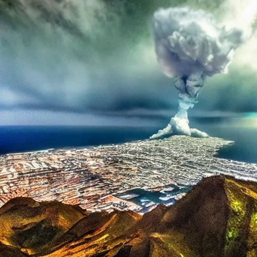 Image similar to madeira island nuked by a nuclear bomb, cloud shroom, cinematic shot, realistic, hdr, color, wide shot