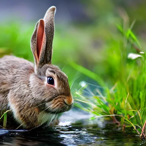 Prompt: a rabbit kayaking in a small stream, 4k photorealistic