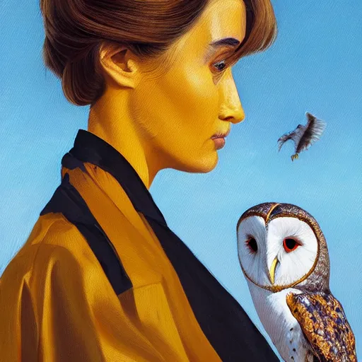 Image similar to head to shoulder portrait painting of an elegant top model wearing a yellow kimono with a very detailed barn owl on her shoulder by Simon Stålenhag