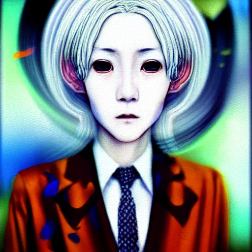 Image similar to yoshitaka amano blurred and dreamy three quarter angle oil portrait of a young woman with white hair and black eyes wearing dress suit with tie, playstation 2 horror game, junji ito abstract patterns in the background, satoshi kon anime, chungking express color palette, noisy film grain effect, highly detailed, renaissance oil painting, weird portrait angle, blurred lost edges