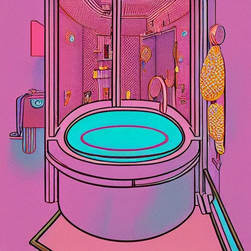 Prompt: bathroom, korean surrealist illustration, moebius, risograph, 8 k pastel colors, trending on behance