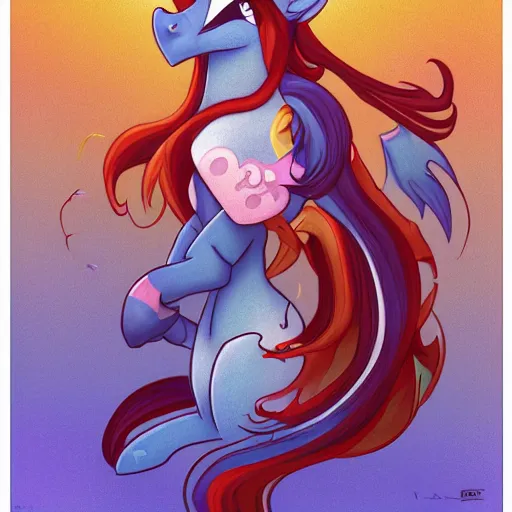 Image similar to portrait of a menacing beautiful Rainbow Dash, short muzz, pegasus pony mare, top half of body, My Little Pony, by Stanley Artgerm Lau , greg rutkowski, thomas kindkade, alphonse mucha, loish, norman rockwell, J. C. Leyendecker. bright rainbow mane, pastel blue fur, angry complexion, beautiful detailed eyes, black rose frame. D&D, fantasy. Trending on artstation rule of thirds extremely detailed old illustration hd 4k