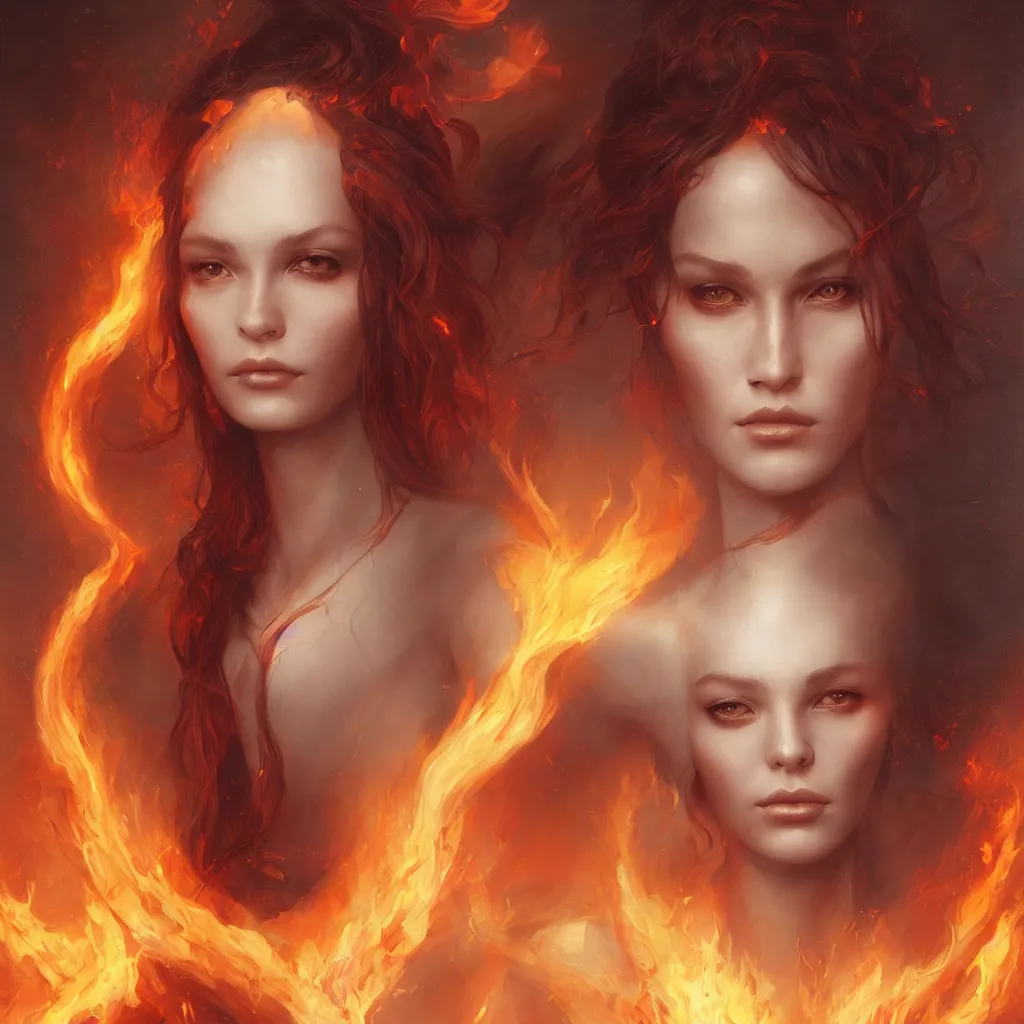 Prompt: a beautiful portrait of a flame goddess by Jim Burns and Tom Bagshaw, Trending on Artstation, Flaming Background