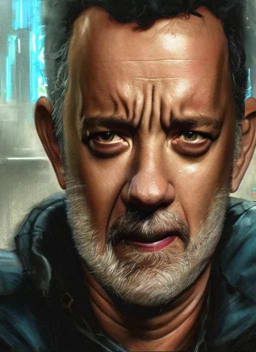 Prompt: portrait of Tom Hanks as a homeless character in Cyberpunk 2077, looking at camera, intricate, dystopian, sci-fi, extremely detailed, digital painting, artstation, concept art, smooth, sharp focus, illustration, intimidating lighting, incredible art by artgerm and greg rutkowski and alphonse mucha and simon stalenhag