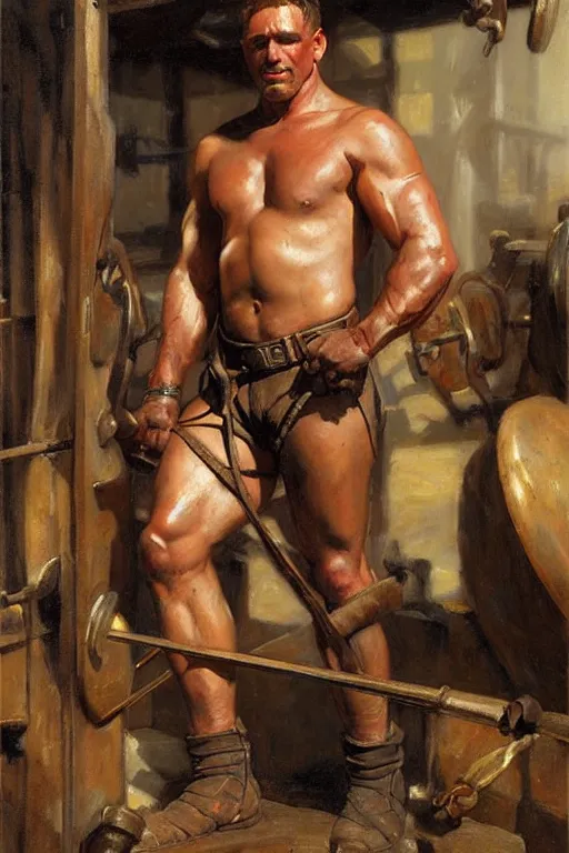 Image similar to muscular sweaty male blacksmith, forgehouse painting by gaston bussiere, craig mullins, j. c. leyendecker, tom of finland