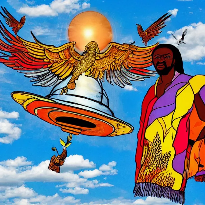 Image similar to UFO hovering over an African Jesus , clouds, colorful, in the style of Nigerian truck art (Eagle & Snake, Kano),