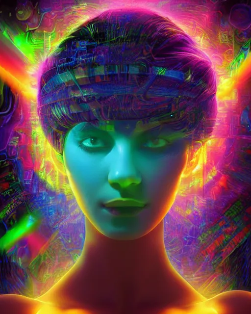 Image similar to a powerful energy psychedelic matrix latin woman, by alexander fedosav, hyper detailed digital matte painting, concept art, hyperrealism, 1 6 k resolution, cinema 4 d, 8 k resolution, trending on artstation, behance hd, a masterpiece, by stephan martiniere, particles, cel - shaded, power bright neon energy, by david a. hardy