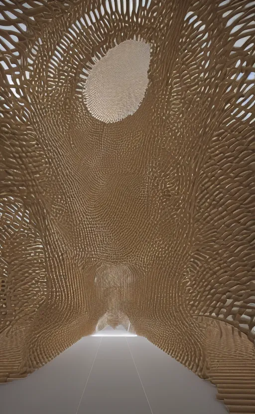 Image similar to interior of a villa parametric architecture fluid design, ultra detailed, natural lighting, volumetric lighting, wide angle shot, interlocking modular bio - bricks, 3 d printed in a mix of wood and translucent bioplastic, vincent callebaut, generative art nebula, cinematic, black metal, magnesium, unreal engine, 8 k,