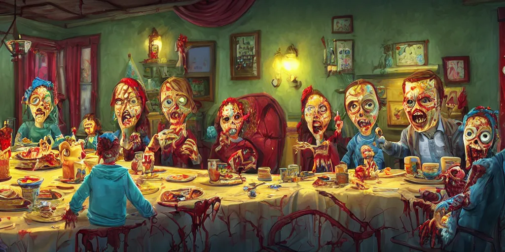 Image similar to a zombie family christmas diner, vivid colors, wide angle, super highly detailed, professional digital painting, artstation, concept art, smooth, sharp focus, no blur, no dof, extreme illustration, unreal engine 5, photorealism, hd quality, 8 k resolution, cinema 4 d, 3 d, beautiful, cinematic, art by tim burton