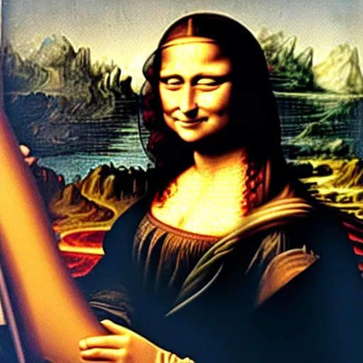 Image similar to Mona Lisa painting a portrait of Leonardo da Vinci in a workshop