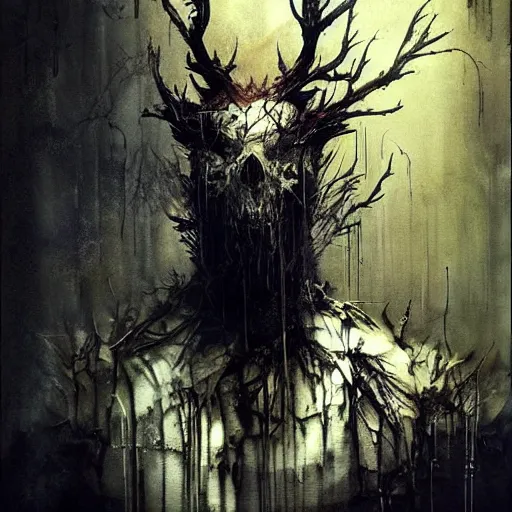 Image similar to leshen by emil melmoth zdzislaw belsinki craig mullins yoji shinkawa realistic render ominous detailed photo atmospheric by jeremy mann francis bacon and agnes cecile ink drips paint smears digital glitches glitchart