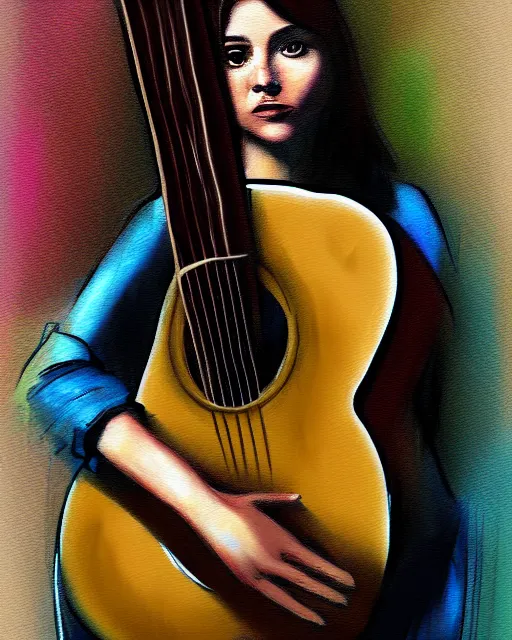 Prompt: a painting of a young country woman playing a guitar in the texas hill - country, in the style of casey baugh, digital art