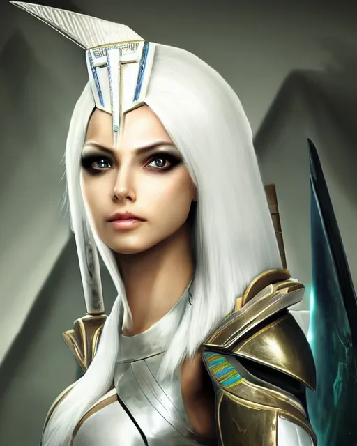 Image similar to perfect white haired attractive egyptian goddess, warframe armor, pharaoh headdress, beautiful, symmetric, dreamy, half asian, pretty face, green eyes, charlize theron, detailed, scifi platform, laboratory, experiment, 4 k, ultra realistic, epic lighting, android body, illuminated, cinematic, masterpiece, art by akihito tsukushi, voidstar