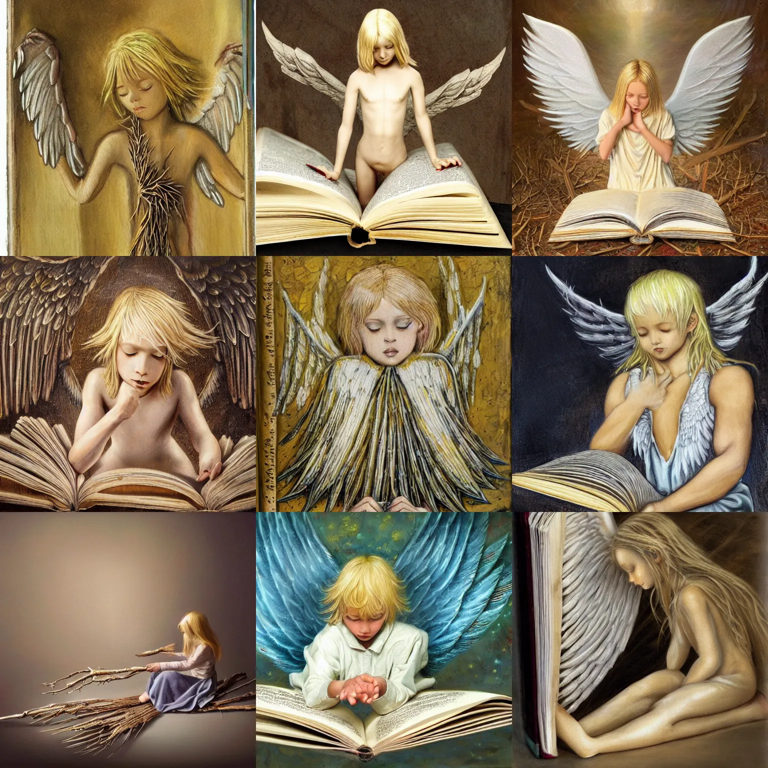 Prompt: a blond clothed angel with wings made from twigs is kneeling down on the floor, looking desperately at a thick open book, fantasy oil painting, hyper realistic, depth of field, sharp focus