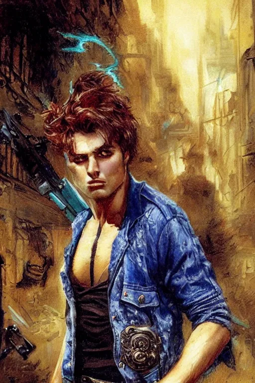 Image similar to a 2 5 year old contract killer named spike. he is a maniac with a stolen cop car. he wears a denim vest. art by gaston bussiere.