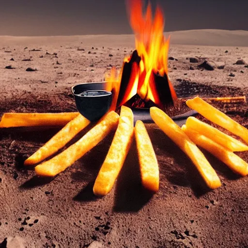 Image similar to photo of a family of fries making a campfire on the moon