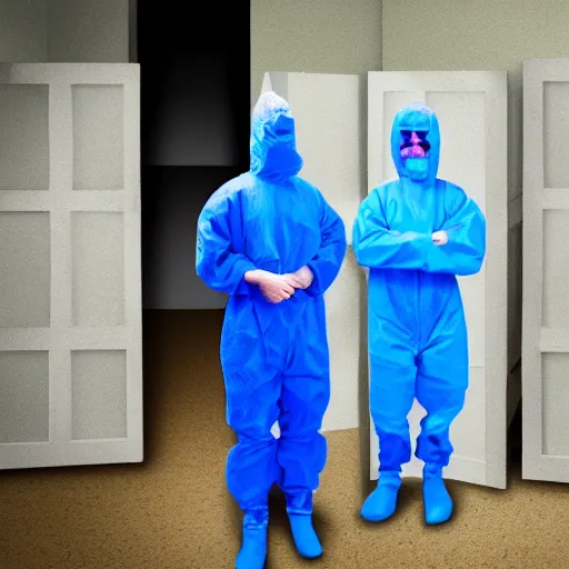 Prompt: blue men group wearing hazmat suits in dollhouse jail