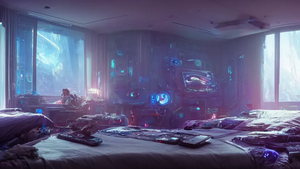 Image similar to interior of a futuristic bedroom cluttered with electronics, close up, wadim kashin, simon stalenhag, xf iq 4, f / 1. 4, iso 2 0 0, 1 / 1 6 0 s, 8 k, raw, featured in artstation, octane render, cinematic, elegant, intricate, 8 k